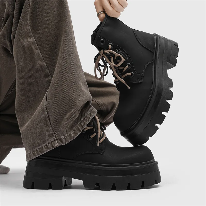 England style mens casual party prom platform boots lace-up natural leather shoes cowboy ankle boot spring autumn short botas