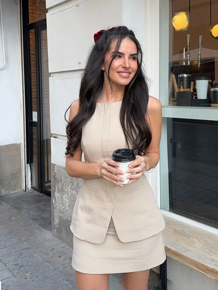 HH-minivestido femenino de verano para mujer, vestido liso con cuello redondo, sin mangas, bolsillos, cinturón decorativo, cremallera, vestidos de moda para mujer