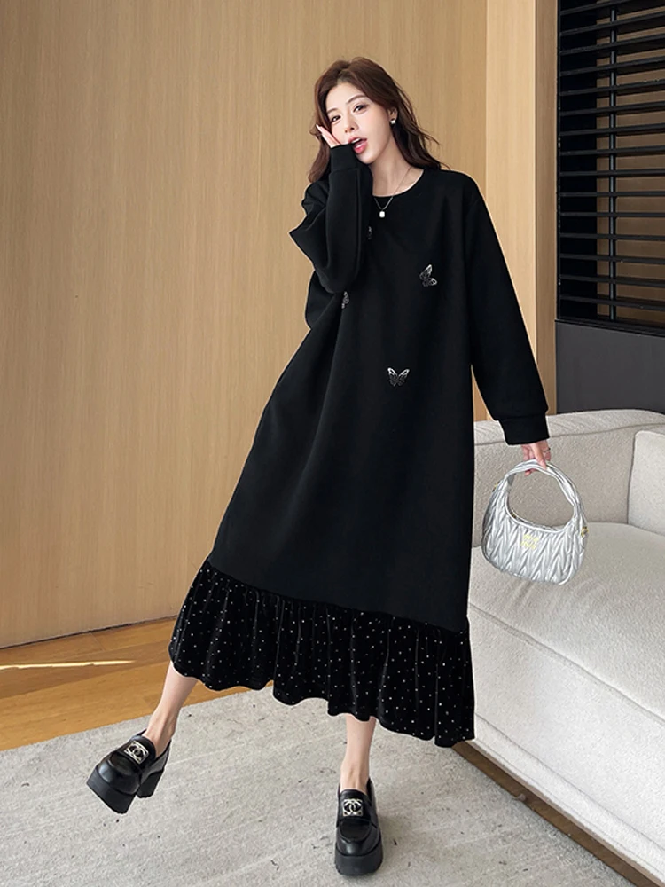 NYFS 2025 خريف شتاء جديد إمرأة فستان طويل فضفاض حجم كبير رداء المرقعة المخملية ذيل السمكة هيم Elbise فساتين طويلة #3