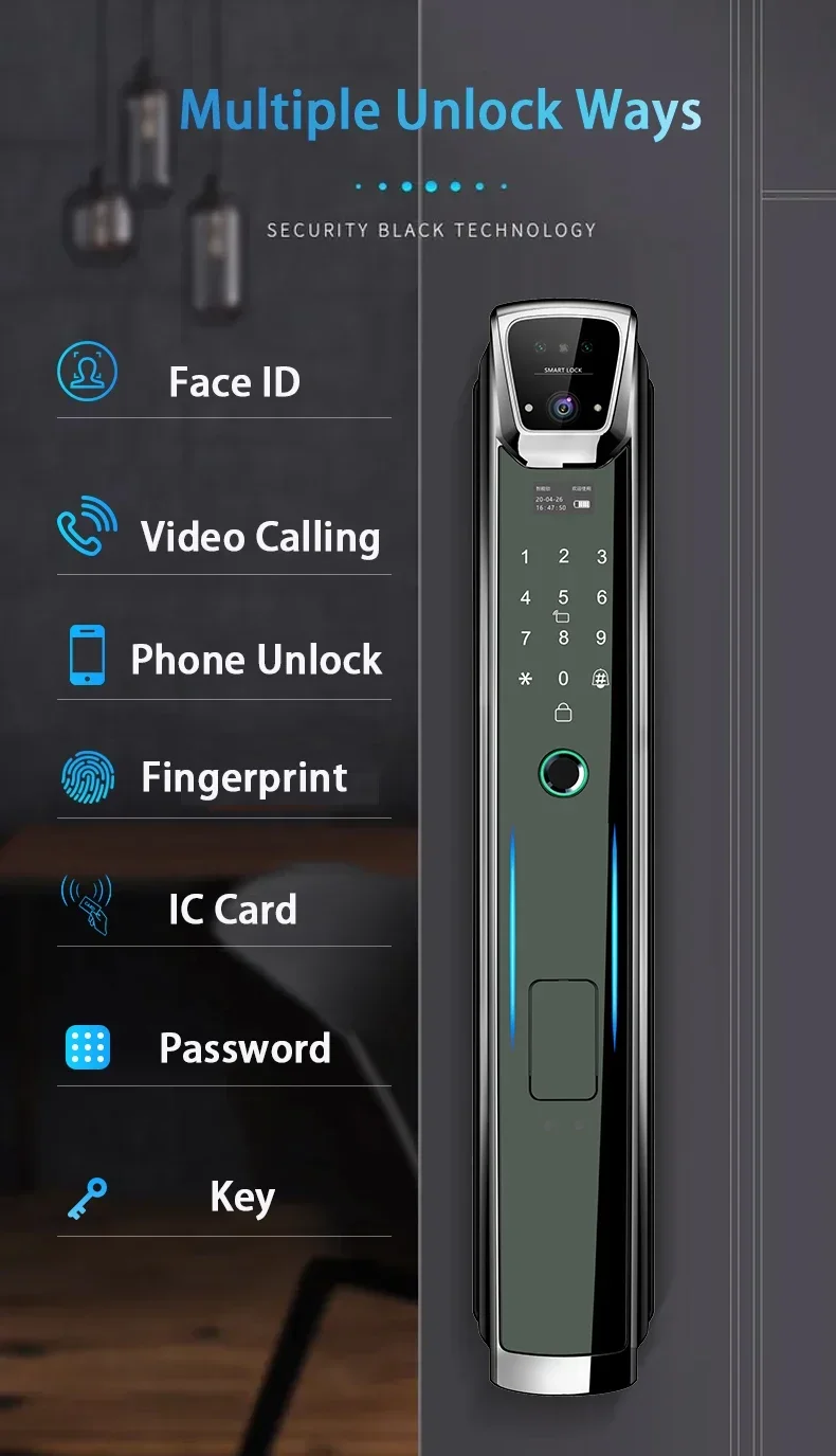 Xhome App Bloqueio Inteligente de Impressão Digital com Chamada de Vídeo para Apartamento, Reconhecimento Facial 3D, Câmera, WIFI, Tuya Door Lock, Novo Design