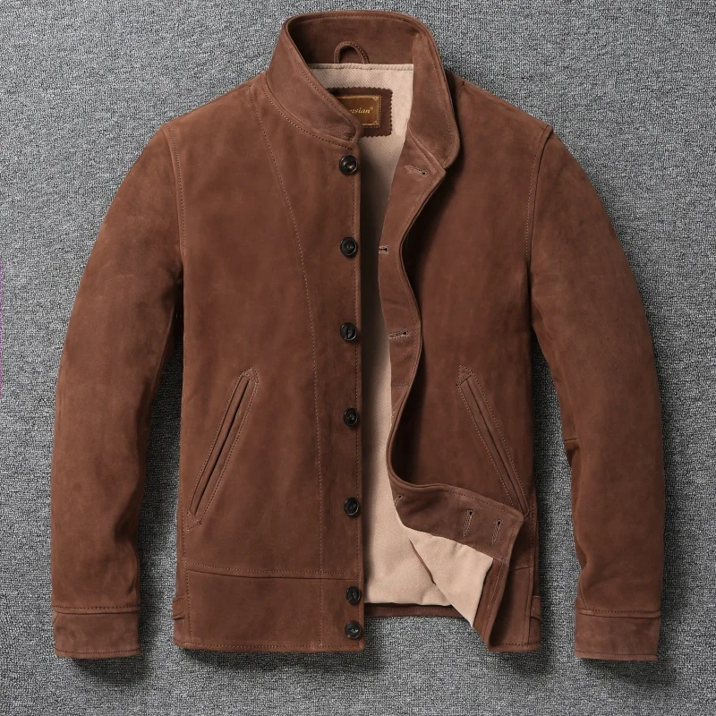 سترات من جلد البقر البني للرجال معطف أينشتاين من الجلد الطبيعي سترة بقصة ضيقة ملابس رجال الأعمال للخريف #1