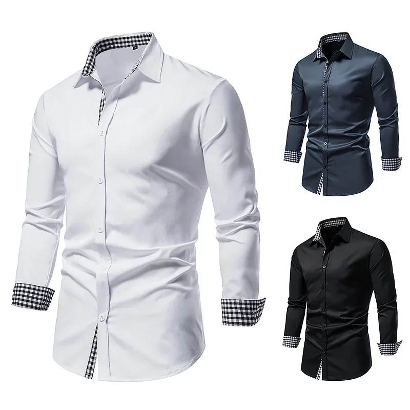 

2023 Autumn New Men's Contrast Plaid Collar Casual Long Sleeve Shirt Fashion Slim Fit Shirt