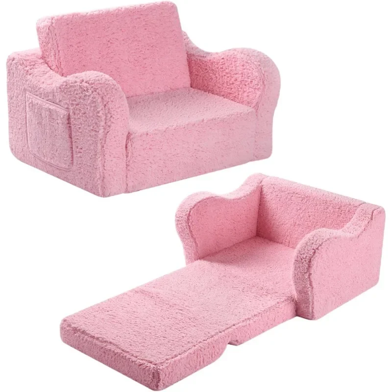 2-in-1 Toddler Soft Sherpa Couch Fold Out, Convertible Sofa to Lounger for Girls and Boys, Pink