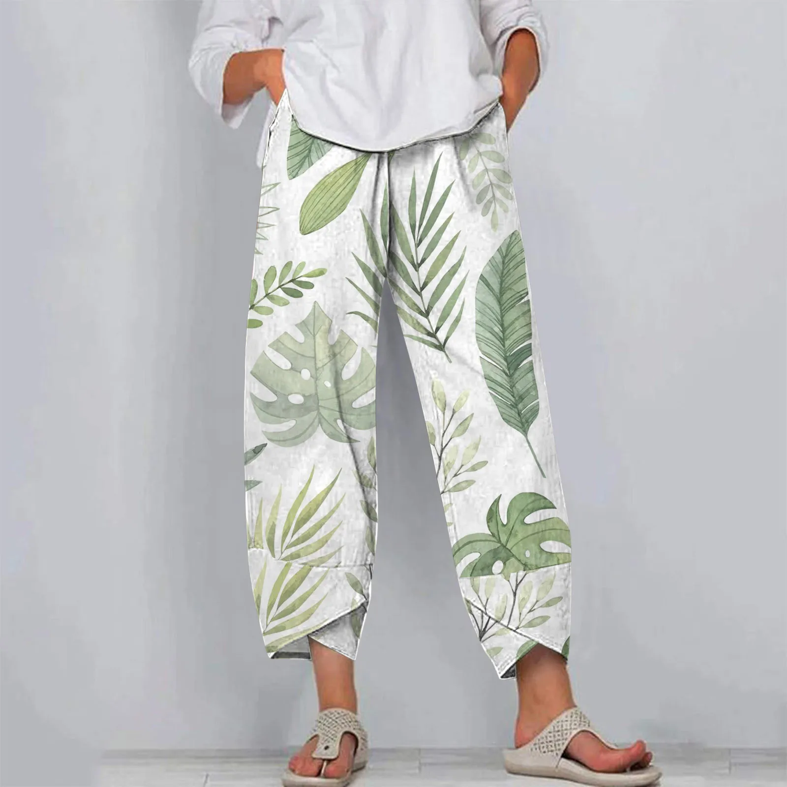 

Vintage Summer Linen Pants Women Oversized Floral Print Pockets Wide Leg Casual Soft Lightweight Loose Straight Pants Trousers