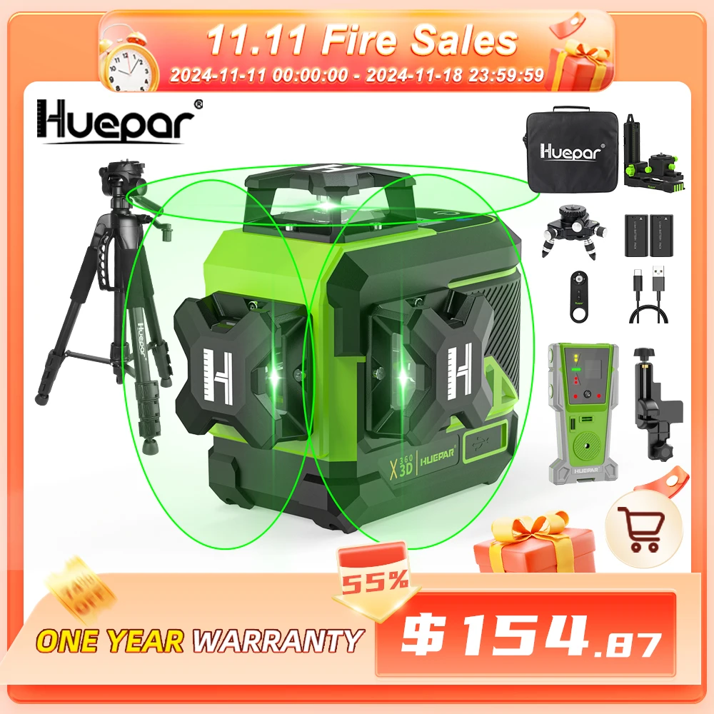 Huepar 3D Cross Line Laser Level 360° 12 Lines Osram Self-leveling Laser Level Tools With LCD Display & Bluetooth & 2x Batteries