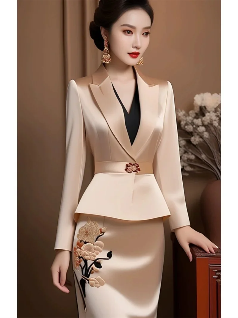 Luxury Celebrity Party Outfits New Elegant Women Formal Suit Flower Embroidery Beading Satin Coat + Midi Skirt Two Piece Sets