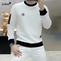 Spring Autumn High Quality Luxury Men's Round Neck T-shirt Male Clothes TrendSlim Long Sleeve Jacquard Pullovers Tops for Men