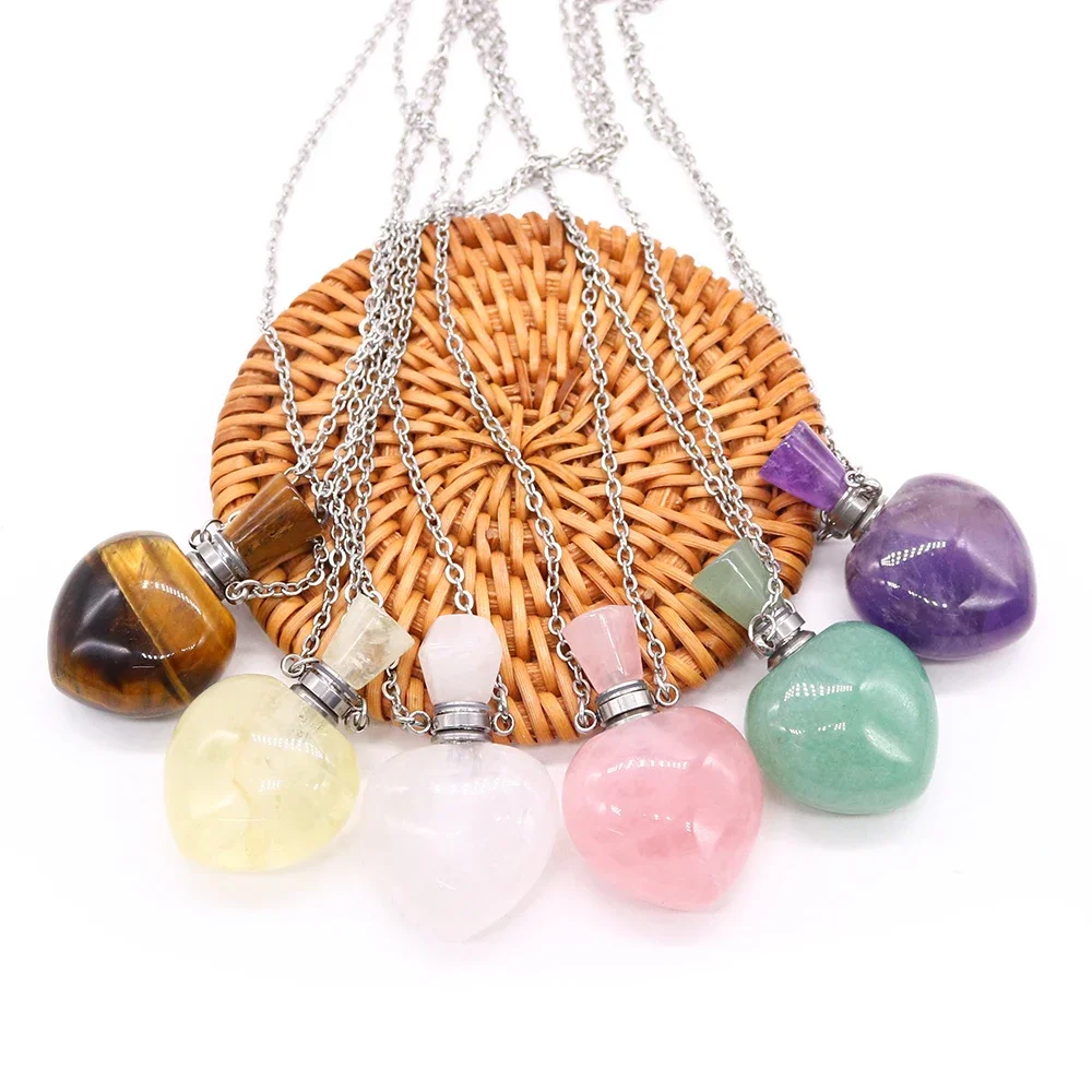 Niche Fashion Natural Stone Heart‑Shaped Perfume Essential Oil Bottle Necklace Jewelry Gift Polished White Crystal Tiger's Eye
