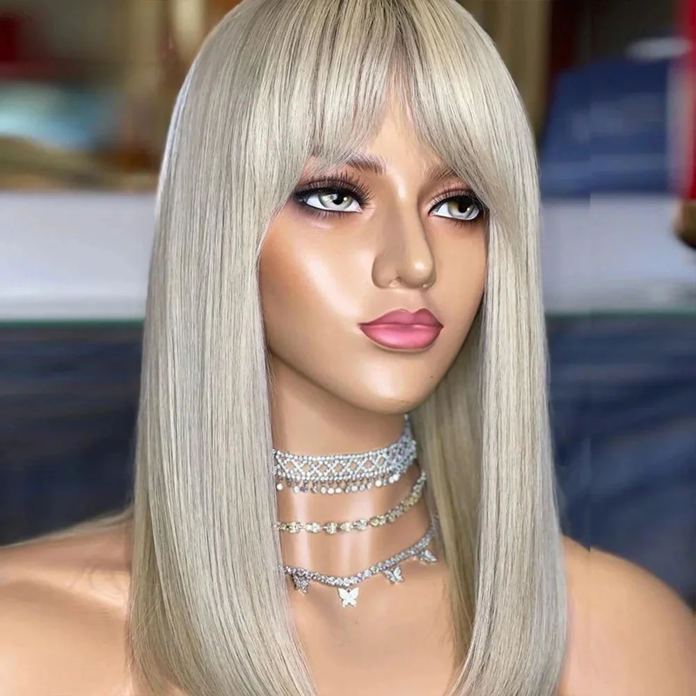 

Ombre Platinum Ash Blonde with Bangs Short Bob HD Transparenrt Lace Front Wigs 180% Density Lace Part Human Hair Wigs Medium Cap