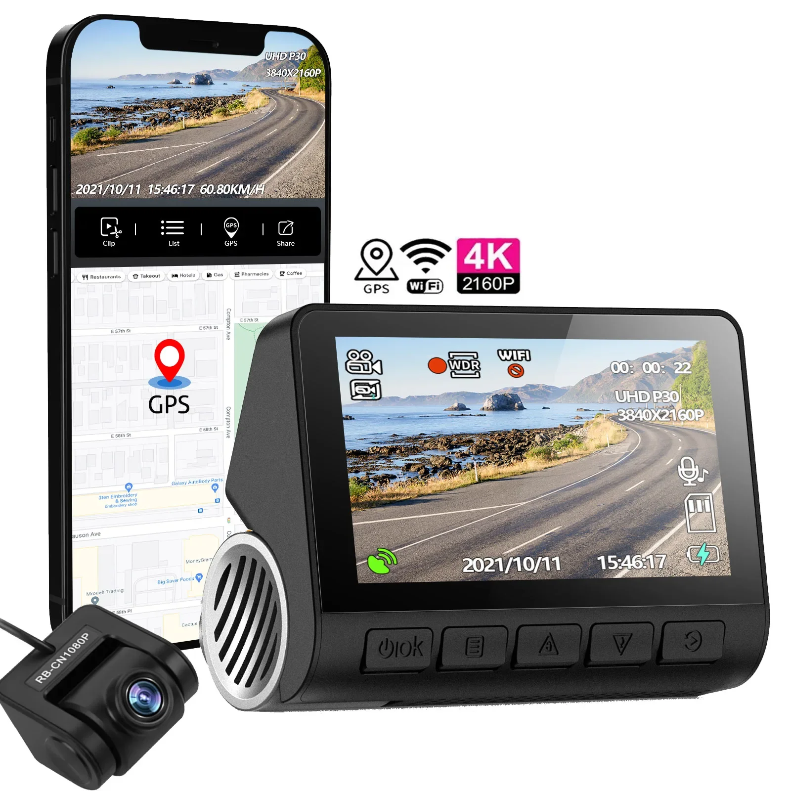 كاميرا V55 Dashcam 4k الجديدة مع نظام تحديد المواقع بعدسة مزدوجة كاميرا داش Dvr 4k واي فاي مع التطبيق الأمامي والخلفي المزدوج 2 قناة 4k داش كام