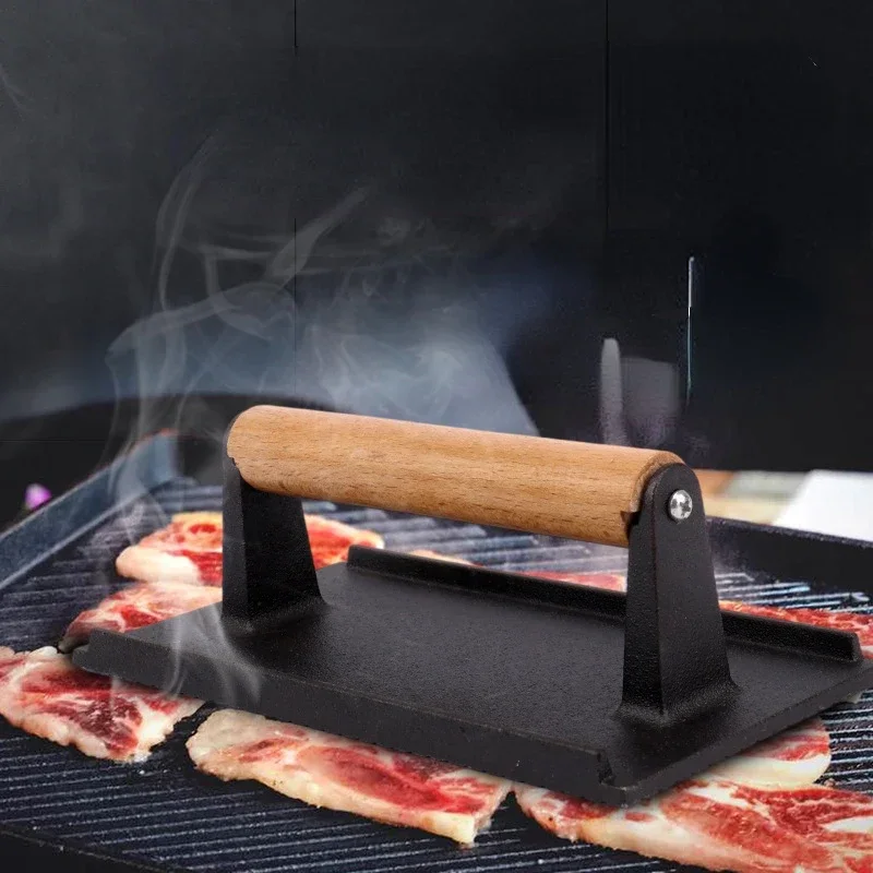 

1pc Cast Iron Grill Press Rectangle Cast Wood Handle Meat Steak Bacon Squid Grill Fried Sandwich BBQ Pressure Plate Cooking Tool