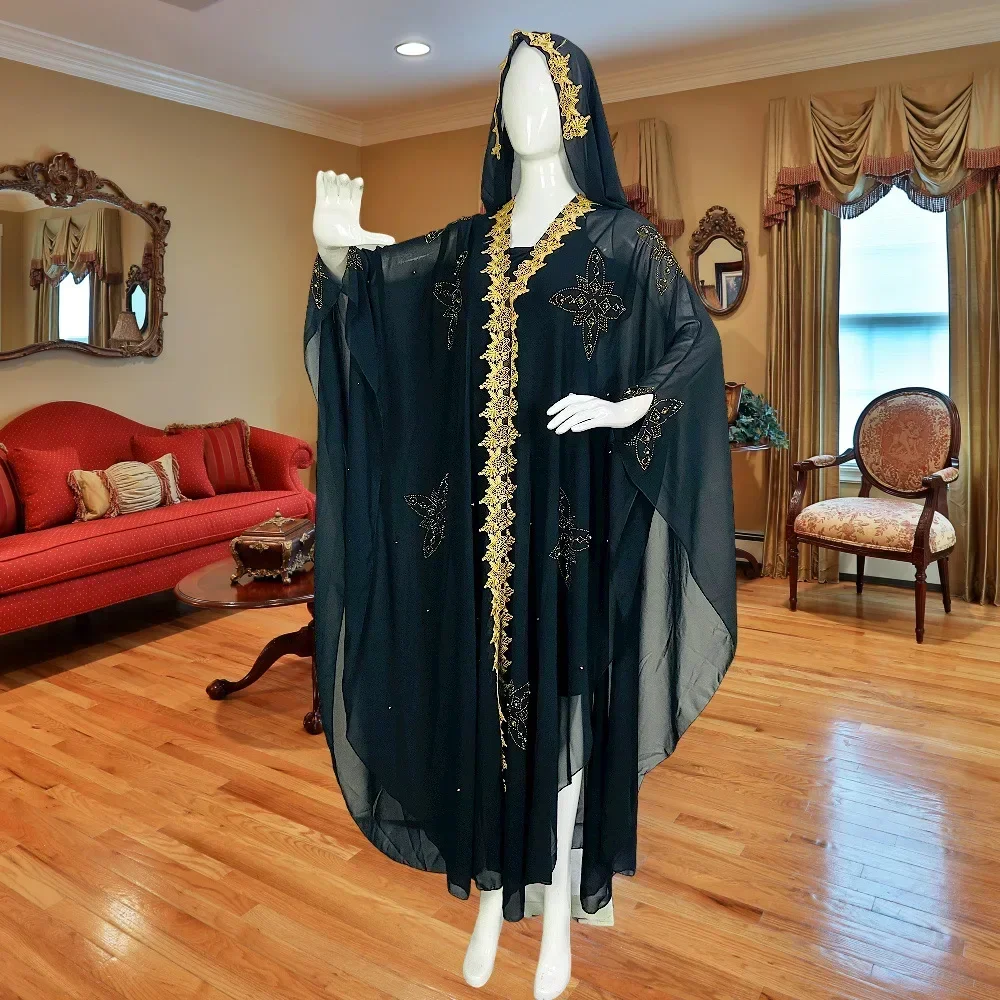 New Style Embroidered Beaded Diamond Stitching Muslim Dress African Large Size Women's Clothing Hooded Long Gown