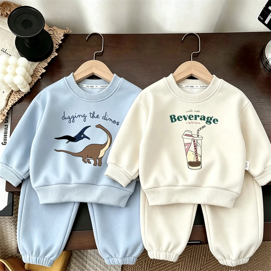 Cartoon Fashion Costume Casual Long-sleeved Suits For Boys And Girl New Design Print Hoodie Solid Color Pants Children's Outfits