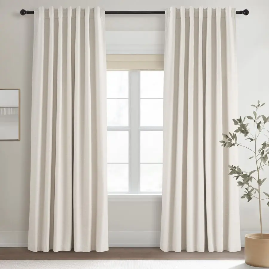 

Cream Linen Blackout Curtains 84 Inch Long for Bedroom Living Room, Ivory Pinch Pleat Back Tab Full Blackout Drapes Farmhouse Bo