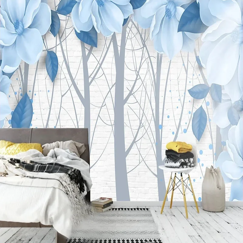 Custom Blue 3D Three-Dimensional Flower TV Background Wall For Modern Living Room Sofa Decoration Papel De Parede Home Décor