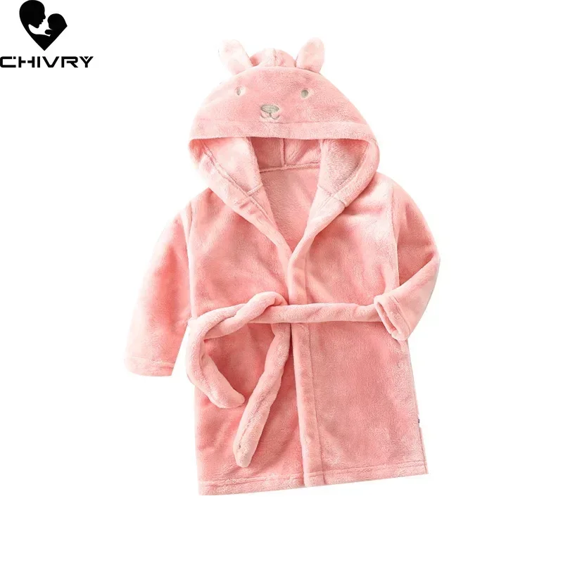 New Autumn Winter Kids Hooded Bathrobe Baby Bath Robes Baby Boys Girls Cartoon Rabbit Flannel Pajamas Long Sleeve Towel Robe