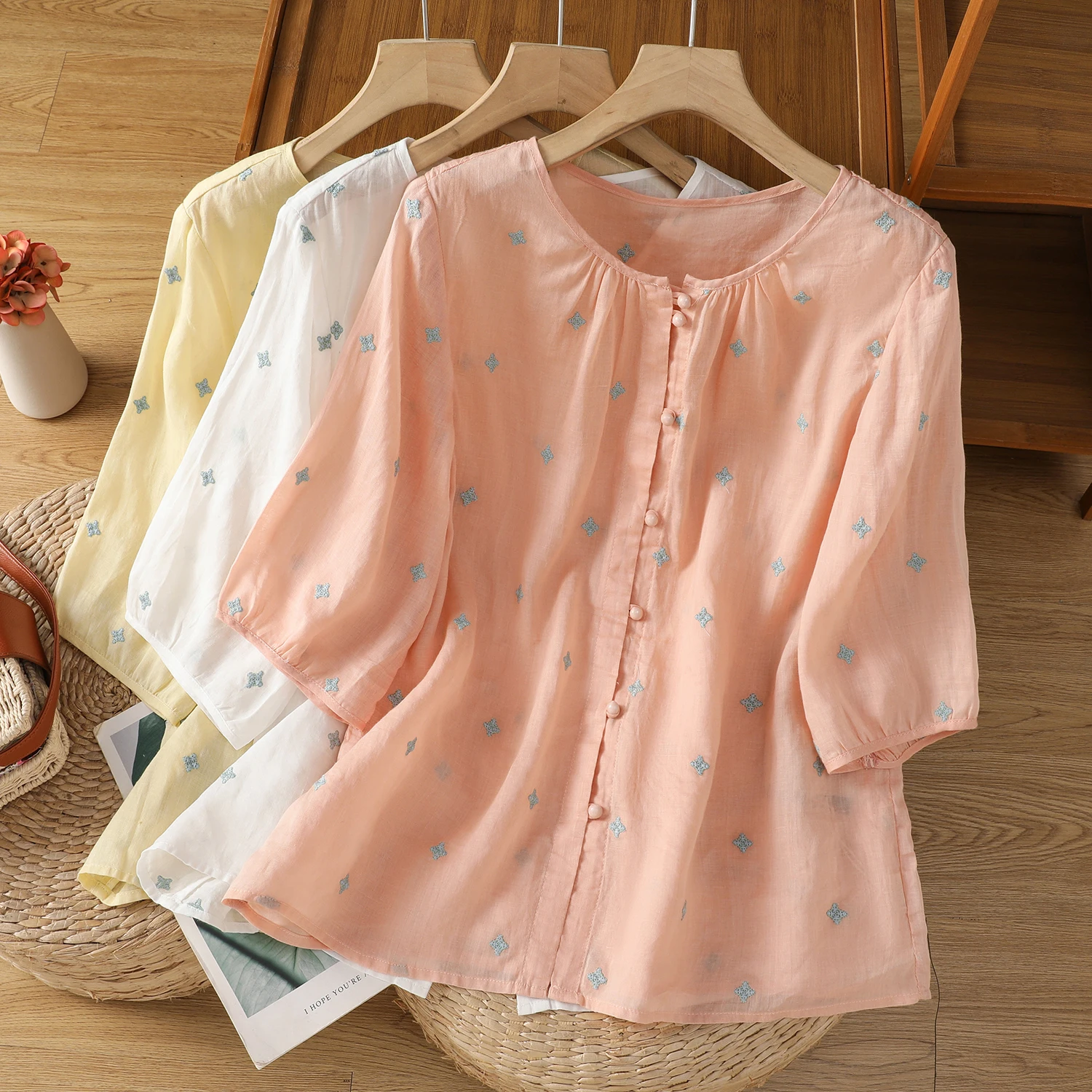 여름 신상 면 린넨 반팔 프린트 셔츠 여성 라운드 넥 오픈 가디건 얇은 다용도 티셔츠 스트레이트 컷 타입