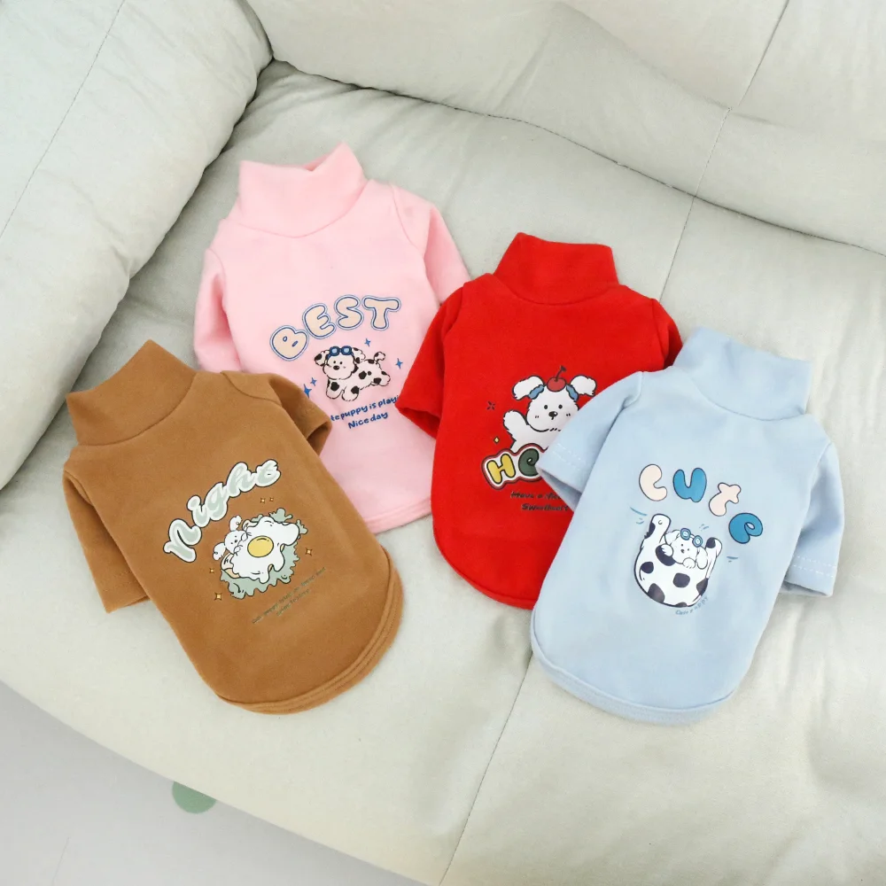 Pet plush high neck warm base shirt, autumn and winter cartoon thick hoodie, dog outdoor clothes