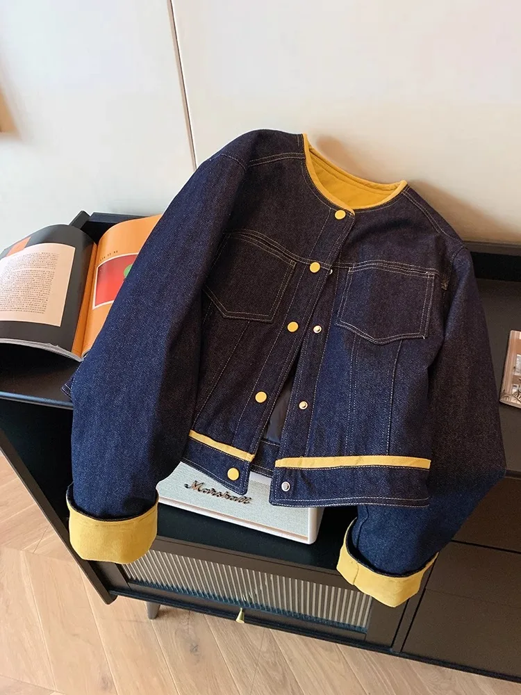 

Женская джинсовая куртка Color Blo ort из хлопка с круглым вырезом, зимняя, больших размеров, модный дизайн, повседневный ретро-стиль