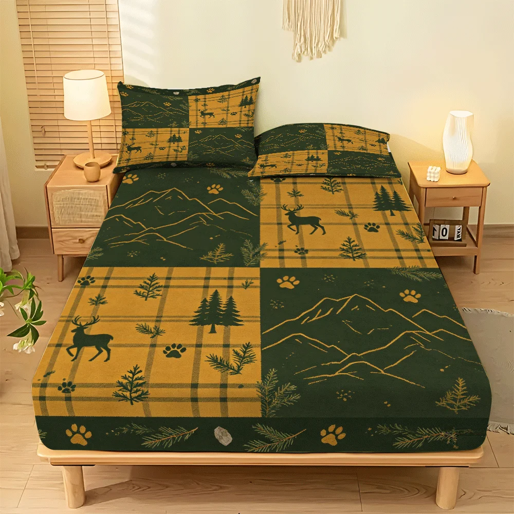 3-Piece Mattress Protector Set, 1 Fitted Sheet + 2 Pillowcases (Without Filling) 2D Flat Printing, Mattress Cover, Stain-Resistant, Cozy Mattress Protector. Suitable for All Seasons, Machine Washable, Easy to Care For, Suitable for Home Bedrooms, a Must-Have for Dorms and Rentals, Master Bedroom and Guest Room Decoration, Dust-Proof and Stain-Resistant, High Elasticity, Fits Various Sizes