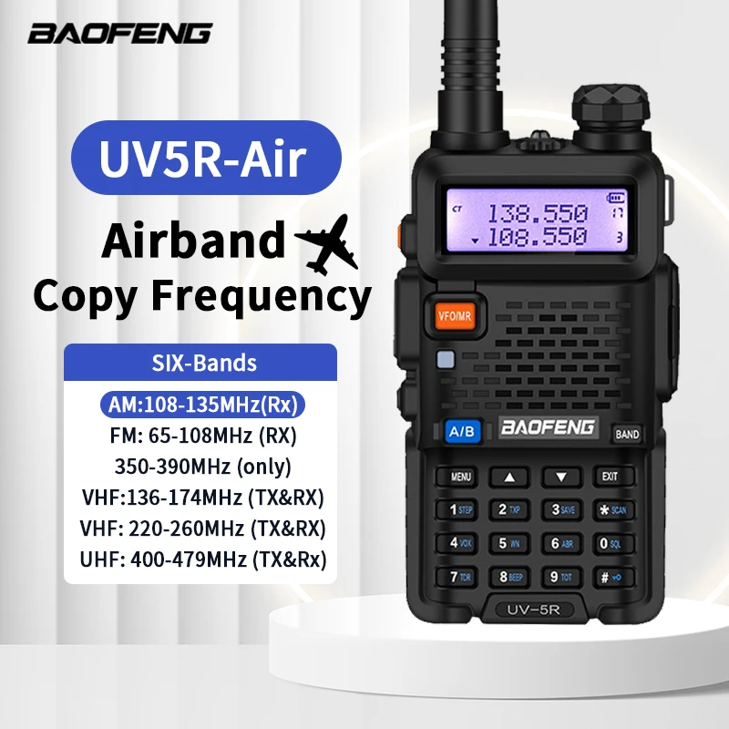 Baofeng-UV-5R Walkie Talkie portátil, Airband, Sem Fio, Freqüência de Cópia, AM, FM, Long Range, Hunting Station, Poderoso, Two Way Radio, 2022