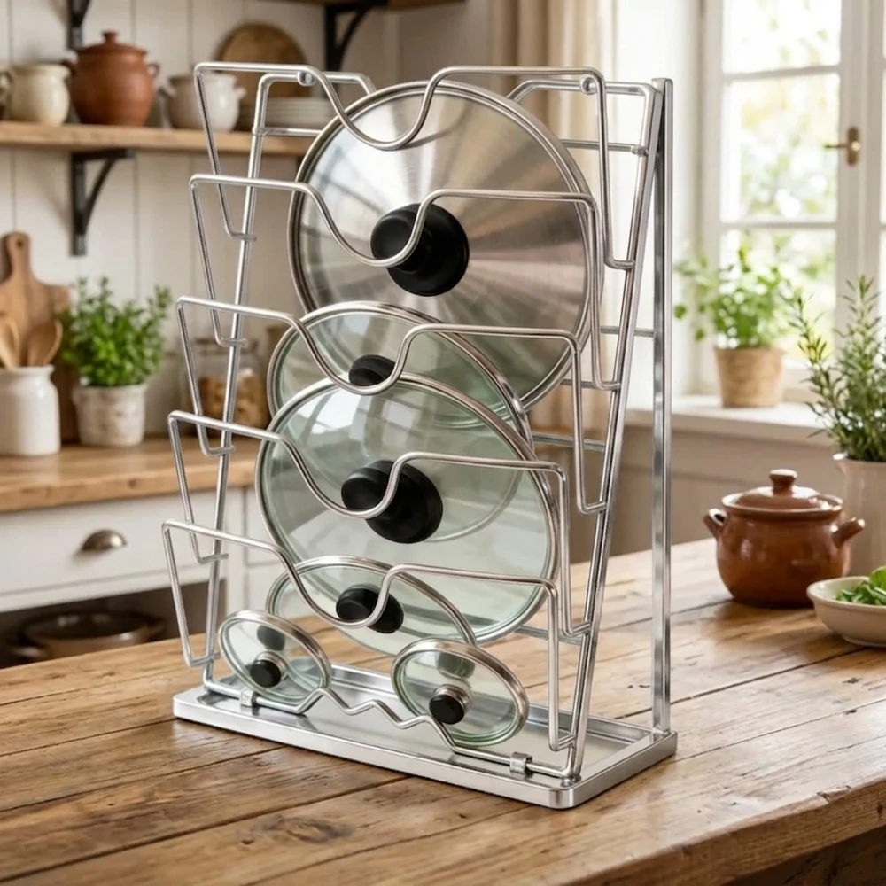 5-Tier Wall Mounted Pot Lid Rack Multi-functional Stainless Steel Kitchen Storage Holder Punch-Free Countertop Organizer for Kit