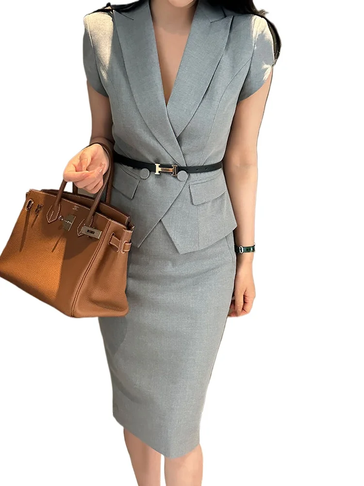 

2025 костюм, юбка, женский летний новый костюм с короткими рукавами + облегающая юбка на рабочем месте, профессиональный наряд из двух предметов