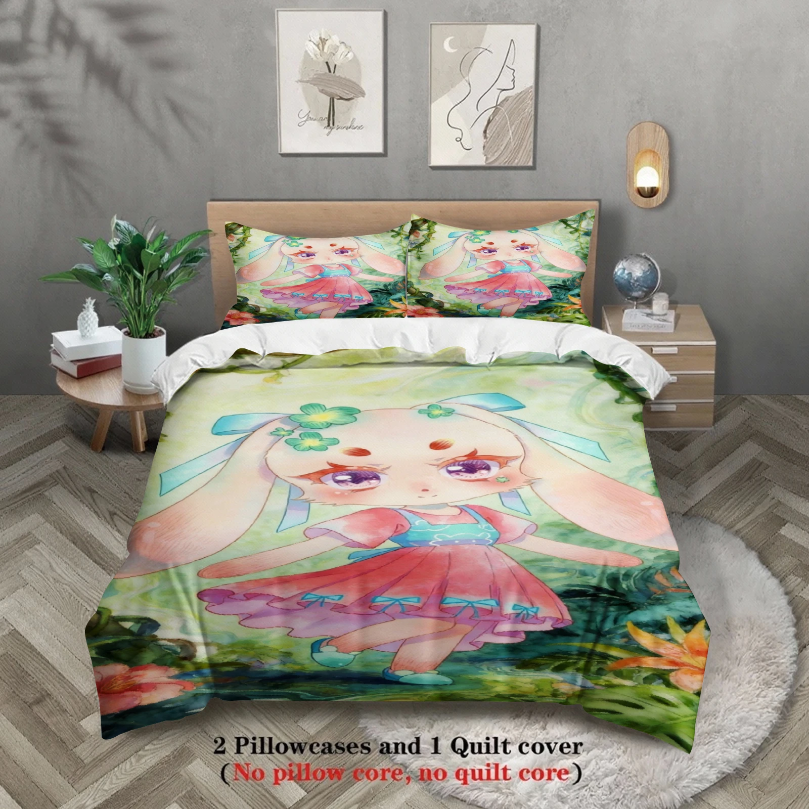 

Softville Cozy Town 3PCS Bedding Sets Lop Rabbit Dancing In Grassfield Pint Duvet Cover No filling Cartoon Style Queen King Size