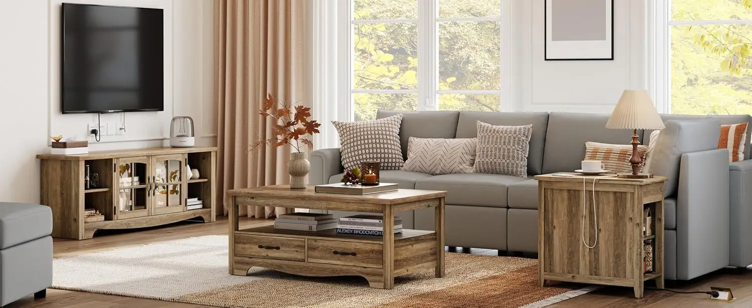 Living Room Table Sets 4 Piece with TV Stand, Farmhouse TV Stand for 65 Inch TV, Coffee Table with Drawers, Two End Table with C