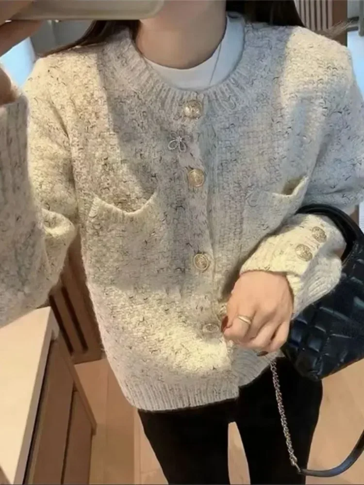 

Y-трикотаж, кардиган, женская одежда 2024, Sueter Mujer, однотонный повседневный винтажный свитер с круглым вырезом, куртки, новые корейские свободные топы с карманами