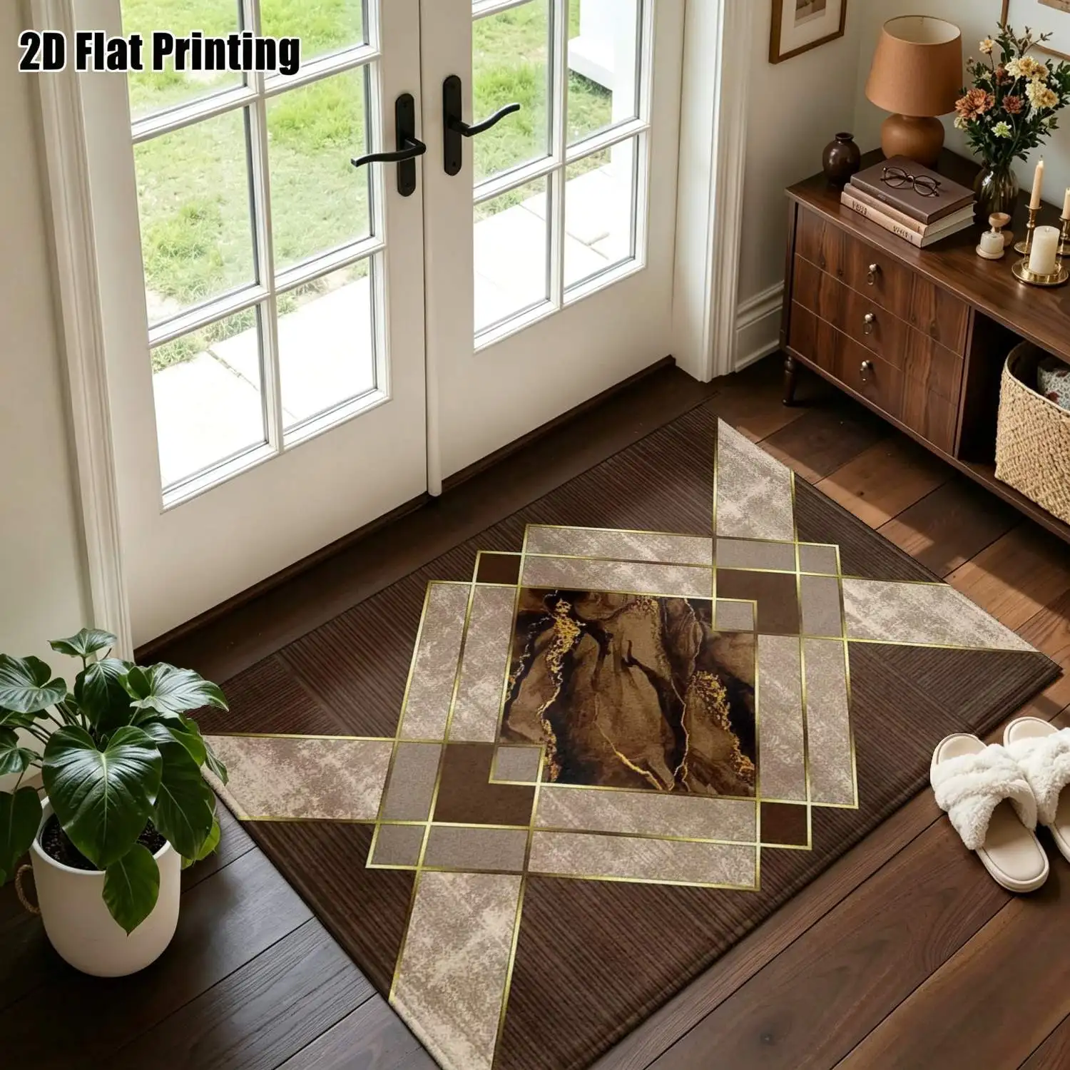 1Pc 2D Printed Dark Brown Geometric Patchwork Abstract Carpet, Vintage/European/Modern Minimalist Style, Home Decor, Multi-Size, Machine-Washable, for Entrance/Dining Room/Foyer/Living Room/Bedroom