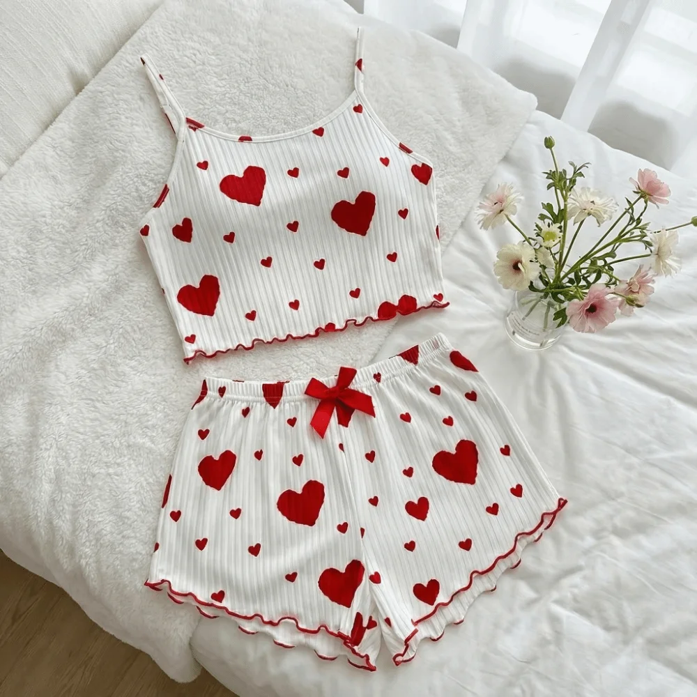 

Kawaii Love Heart Women's Pajamas Set Bow Homewear Two Piece Nightwear Summer Cami Shorts Pajamas Spring/Summer
