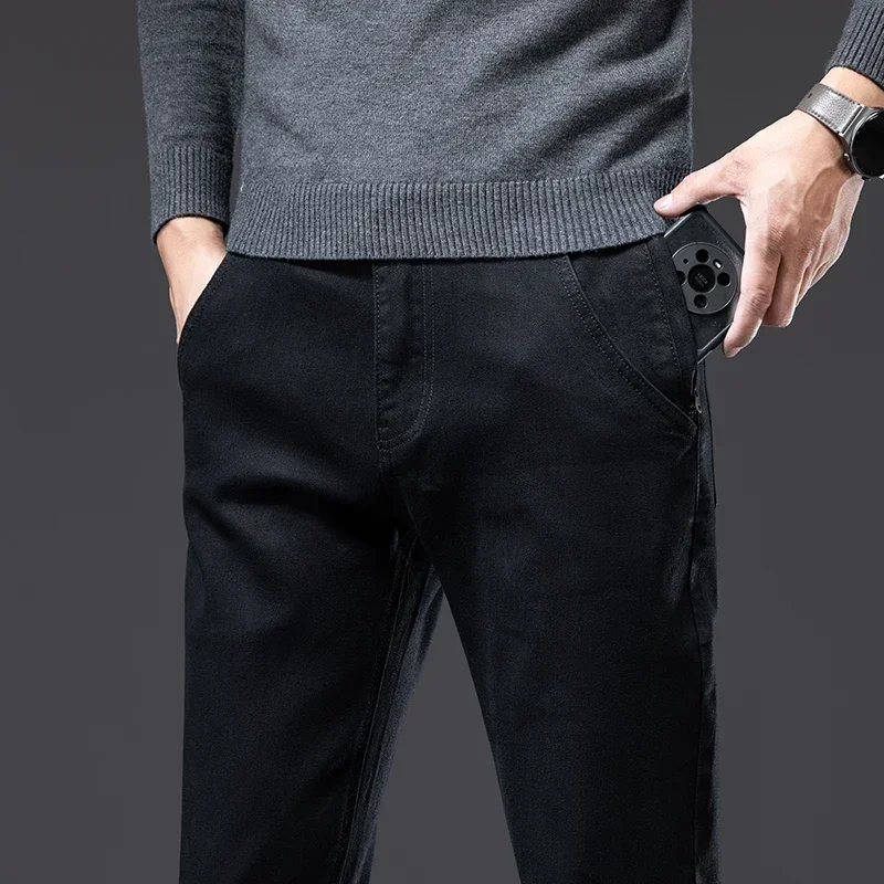 خريف جديد مكافحة سرقة سستة تصميم الرجال الجينز الأسود المستقيم الأعمال عادية تمتد الأقمشة الدنيم السراويل الذكور العلامة التجارية بنطلون