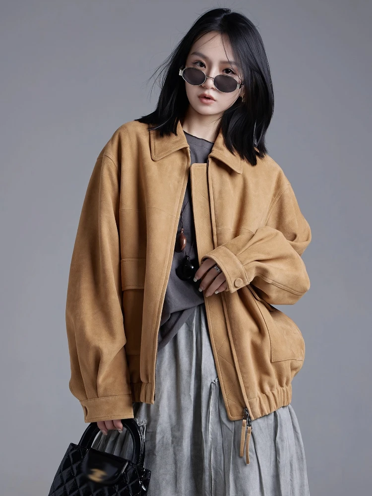 Vestes Vintage en daim et cuir véritable pour femmes, nouveau manteau haut de gamme, Simple, solide, ample, décontracté, en peau de mouton véritable, automne hiver 2025