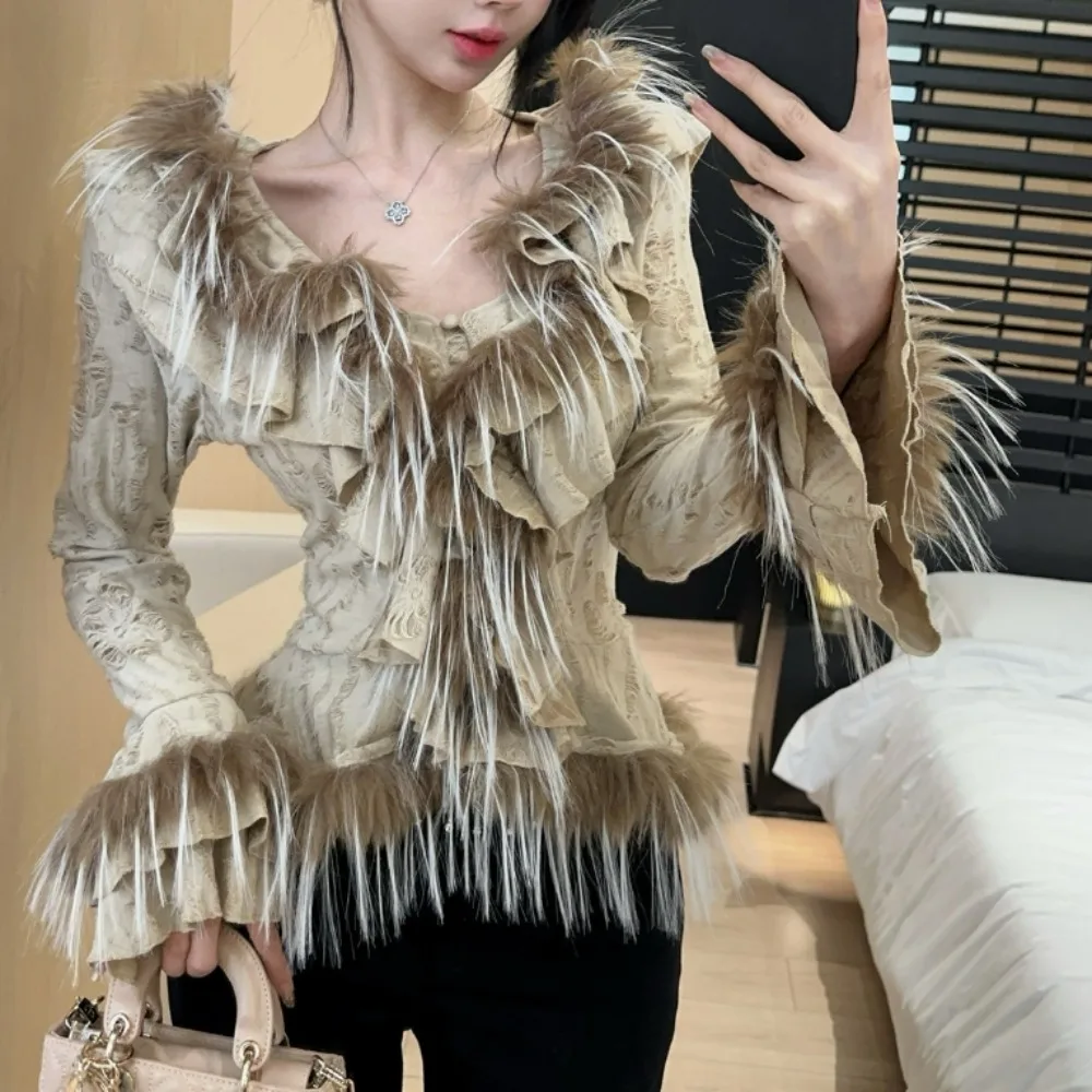 Vintage Distressed Hole Basics Flare Sleeve Slim Feather Spliced Top French Streetwear Women High Street Autumn Winter Clothing