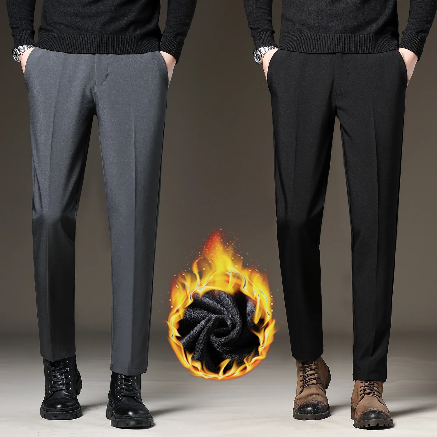 

Брендовая одежда, зимние теплые флисовые костюмные брюки, мужские формальные эластичные талии, толстые черные, серые деловые корейские брюки, мужские