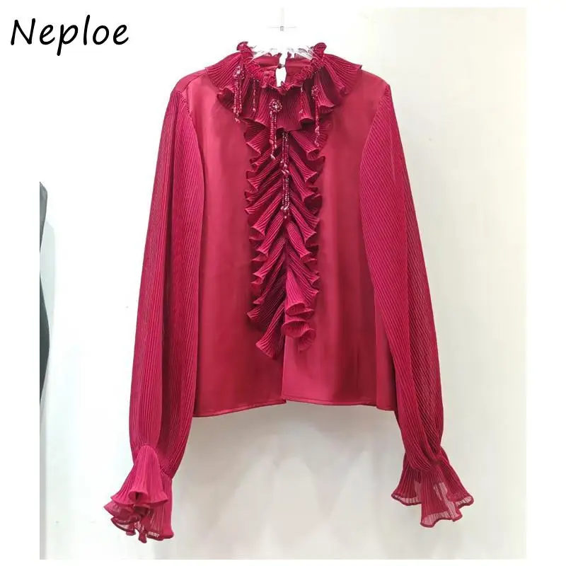 Neploe Ruffles Patchwork Pleated Chic Y2K Shirt All-match French Style Moda Elegant Blouses Minority Flare Sleeve Loose Blusas