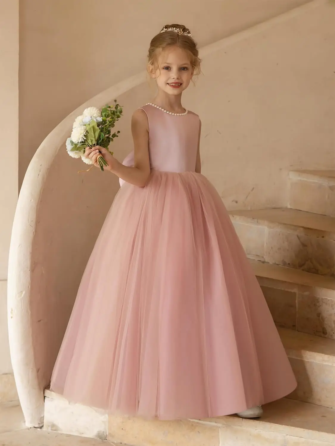 Elegant Round Neck Flower Girl Dress Sleeveless,Pearl Dress Suitable for Wedding Girls,Formal First Communion Dress with Bow Tie