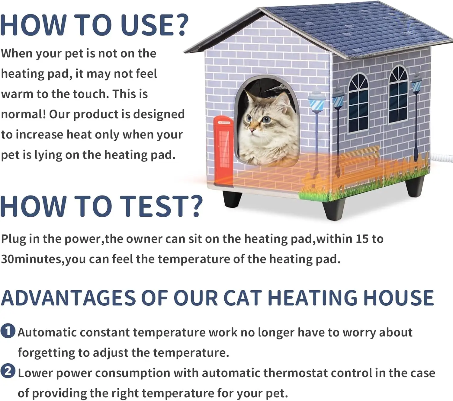 Casa para gatos calentada impermeable con control automático de temperatura, fácil montaje para uso interior/exterior