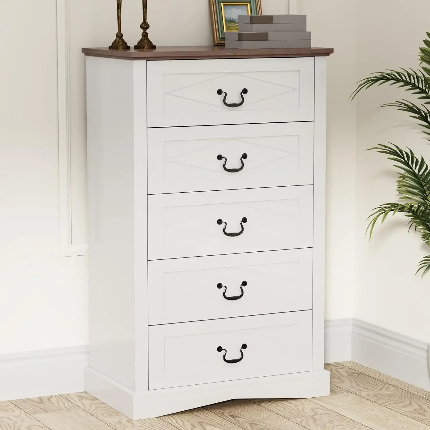 Bedroom with 5 Drawers, Farmhouse White Dresser for Closet, 45 Inch Tall Dresser, Chest of Drawers with Deep Drawers for Living