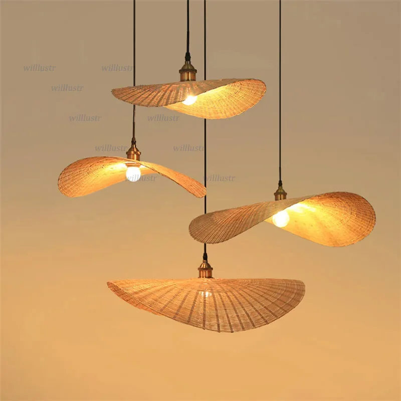 Handmade Bamboo Pendant Lamp Curve Leaf Suspension Light Hotel Cafe Mall Shop Bar Wood Hand Knitted Hanging Ceiling Chandelier