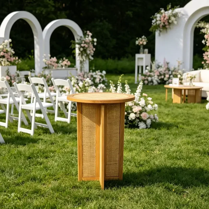 Hot Sale Modern Wedding Furniture Wooden Rattan Dining Table for Event Rental
