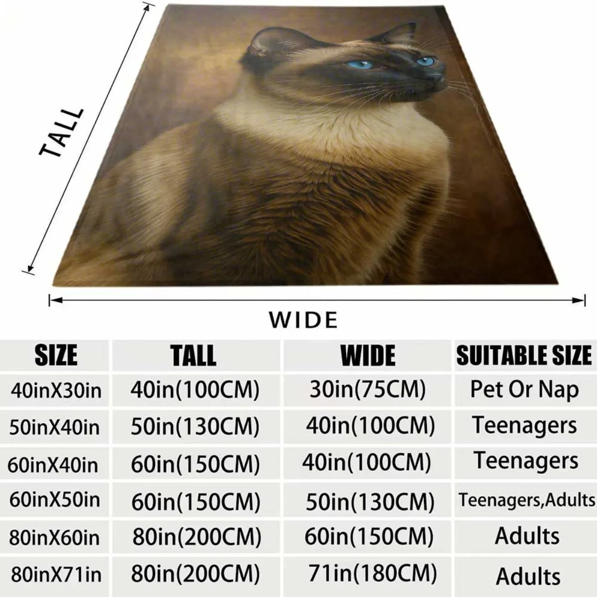 Realistic Siamese Cat Flannel Blanket Soft Cozy Throw Blanket Blue Eyed Kitty Portrait Print Bed Sofa Cover Home Decor Pet