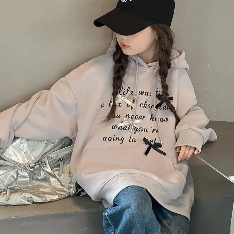 

Big Girls 2025 Autumn-Spring New Loose Fit Hooded Bowknot Trendy Girls Hoodie