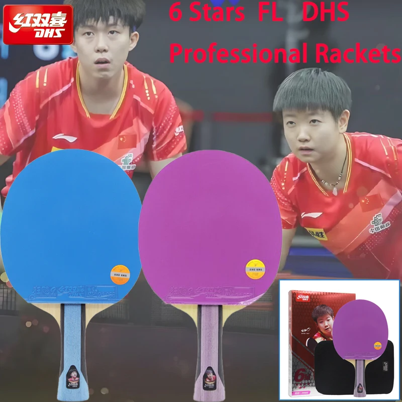 

DHS Table Tennis Rackets 6-Star Single Racket Ping Pong Paddle Professional Level FL With Color Pips in Rubber 7Ply Pure Wood