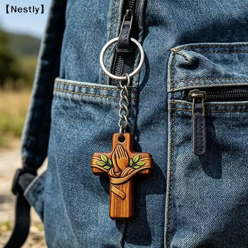 1/3pcs/1set Religious Wood Cross Keychain Favor Bulk Dove Print Organza Bags Tags Baptism Church Wedding Mini Guest〔Nest〕