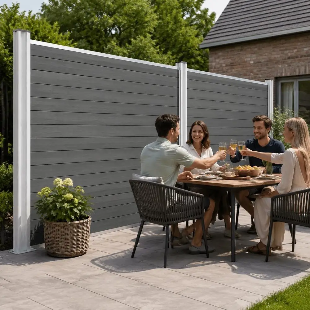 Clôture de jardin en WPC 175x105 cm Gris, Idéale pour les parterres de fleurs, les potagers, les bordures de chemins, les enclos pour animaux et les délimitations de cour.