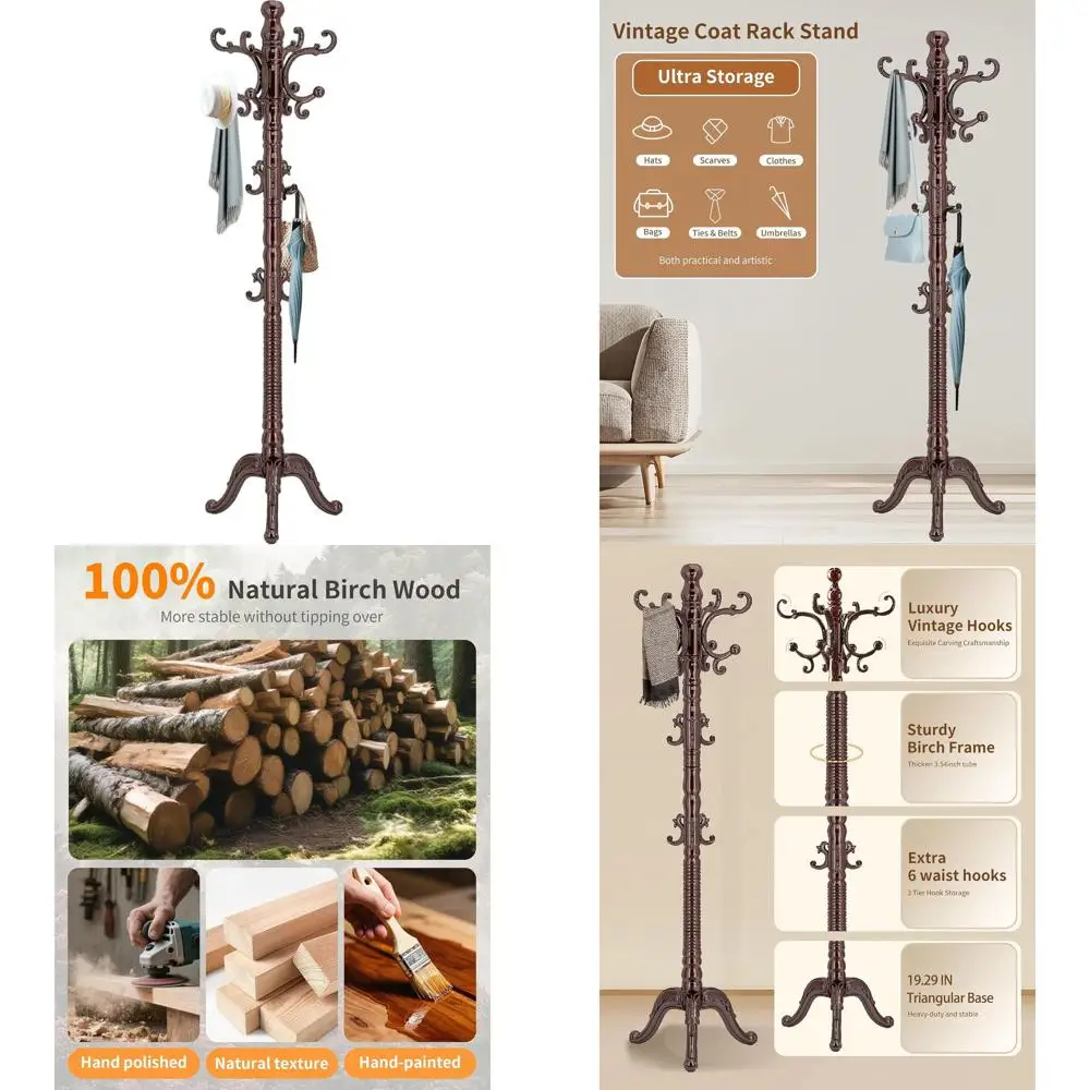 

Solid Wooden Standing Coat Rack with 14 Hooks for Vintage Style, Suitable for Home or Office Entryways and Hallways