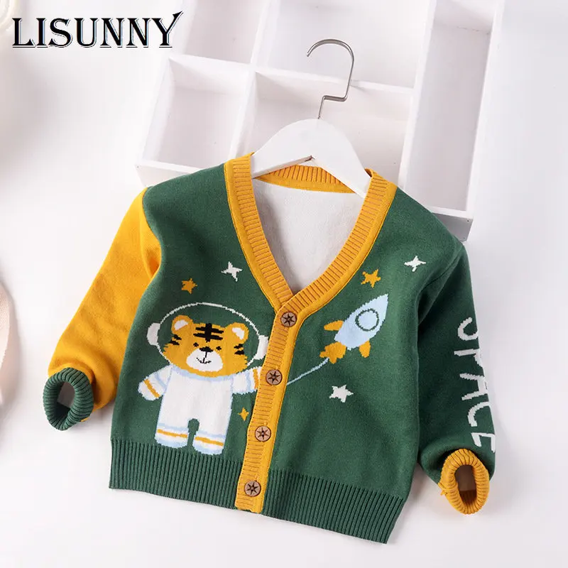 

Baby Boy Sweater Cardigan Coat 2023 Autumn Winter Jumper Children Sweaters Kids Knit Clothes Cartoon V-Neck Toddler Spliced 2-7y