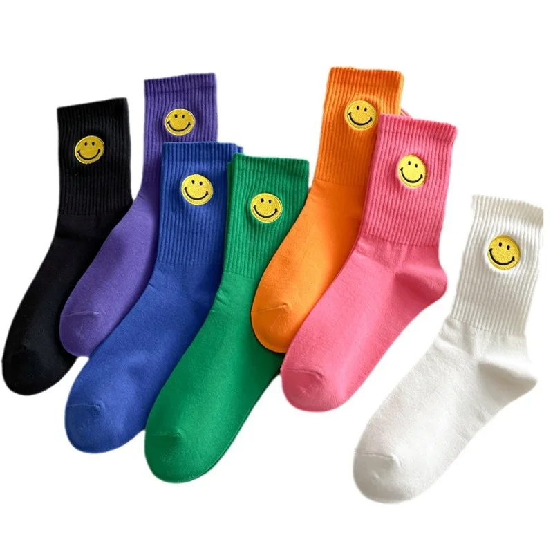 4 Pairs of Women's Cotton Socks Color Embroidery Smiley Face Socks Sports Stockings Korean Cartoon Socks